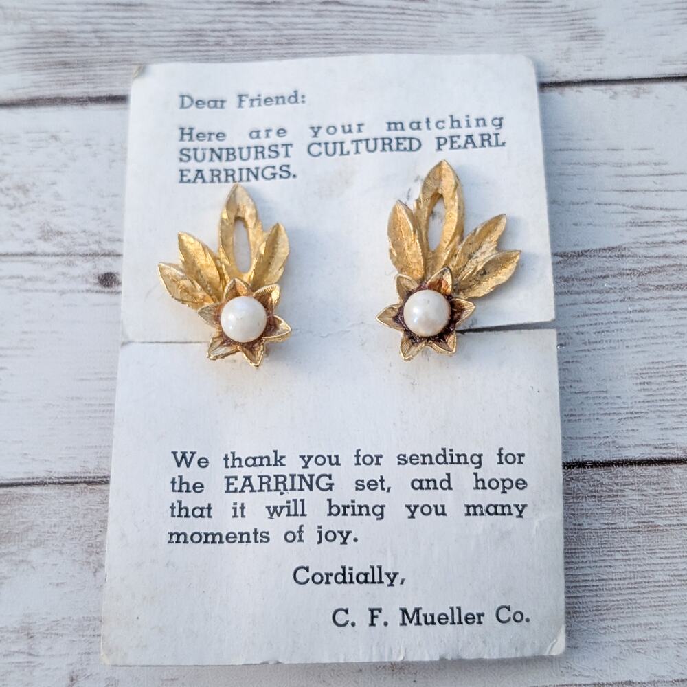 Vintage C. F. Mueller Co Clip On Earrings Sunburst Cultured Pearl Earrings